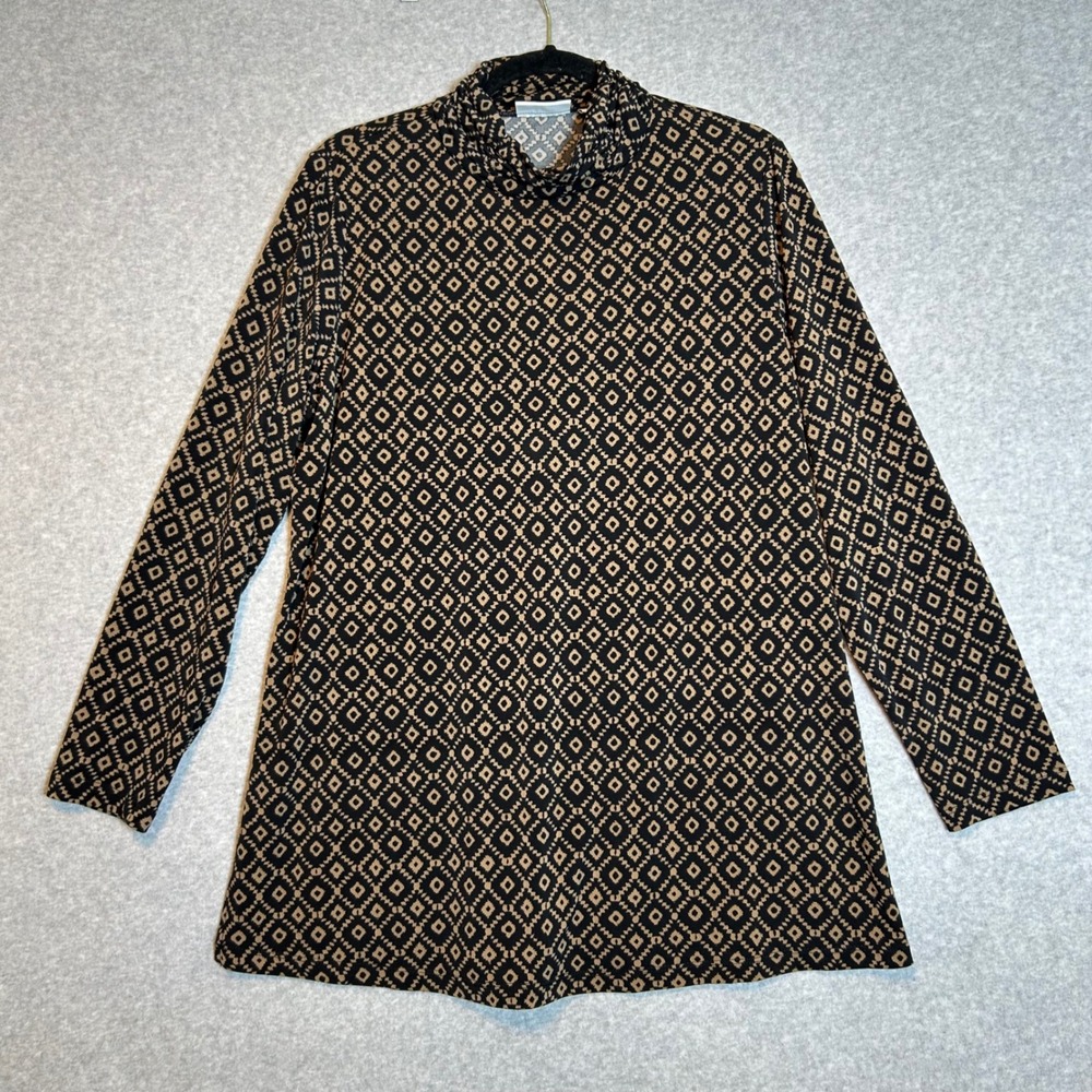Susan Graver Mock Neck Tunic Women Large Black Tan Geometric Diamond Print Mod